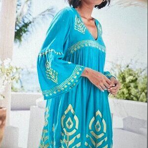 Gorgeous cotton embroidery dress in turquoise and gold!